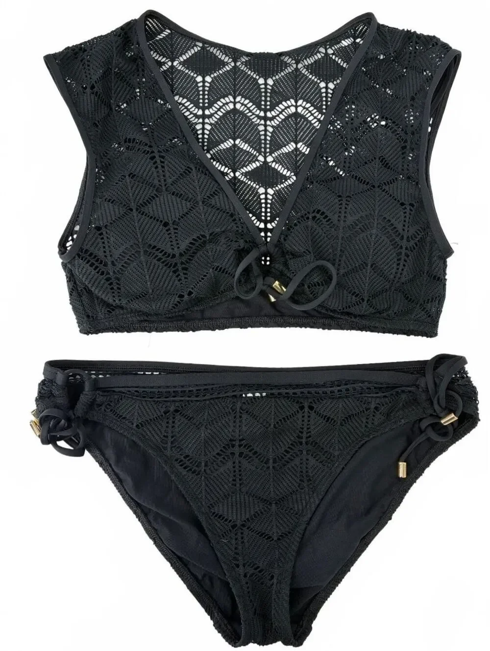 La Blanca Black Crochet Two-Piece Swimsuit Set Size US 12